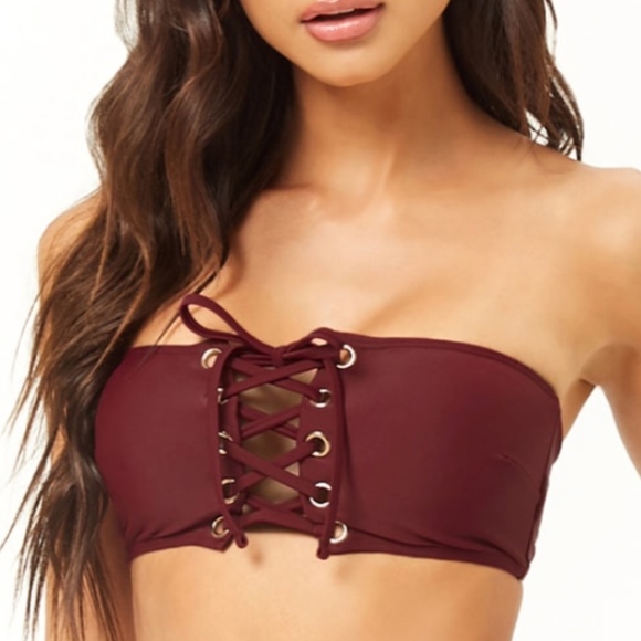 Forever 21 Other - FOREVER 21 Burgundy Lace Up Strapless Bikini Top L